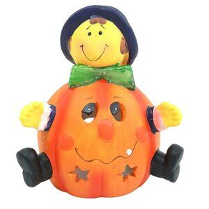 Halloween Pumpkin Candle Holder Tealight Ceramic Decor Stars Jack O Lantern 6"